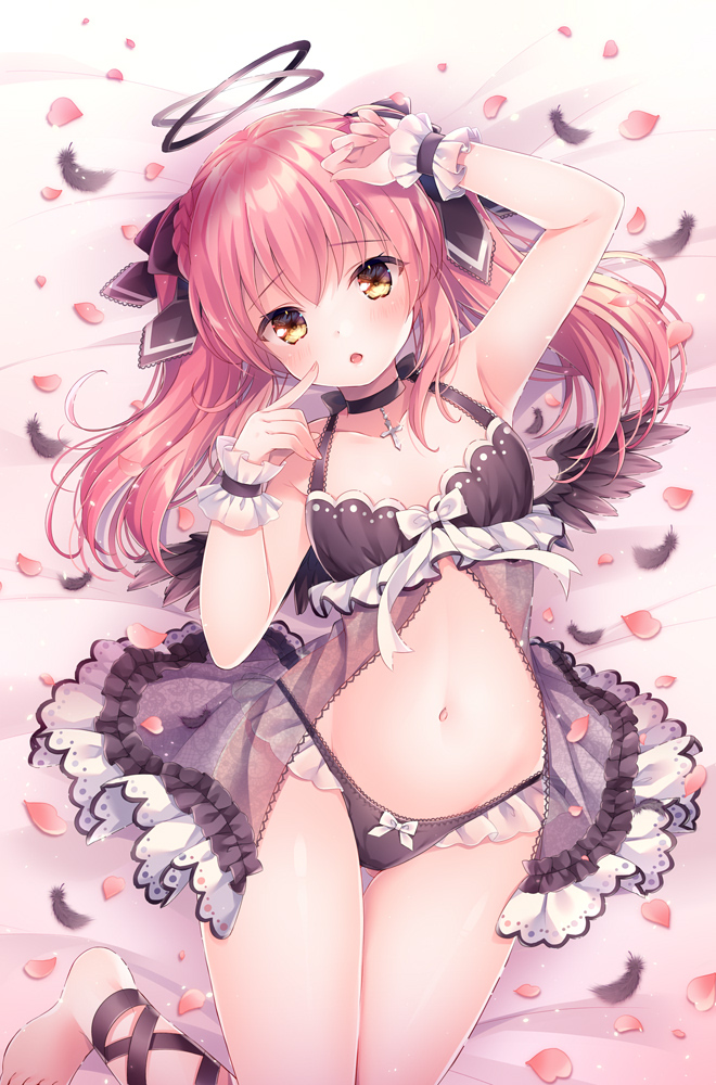 1girl :o arm_up armpits babydoll bangs bare_shoulders barefoot bed_sheet black_bow black_feathers black_panties black_wings blush bow bow_panties braid breasts brown_eyes commentary_request eyebrows_visible_through_hair feathered_wings feathers frilled_panties frills hair_between_eyes hair_bow halo long_hair looking_at_viewer lying navel nemuri_nemu on_back original panties parted_lips petals pink_hair small_breasts solo twintails underwear underwear_only white_bow wings wrist_cuffs