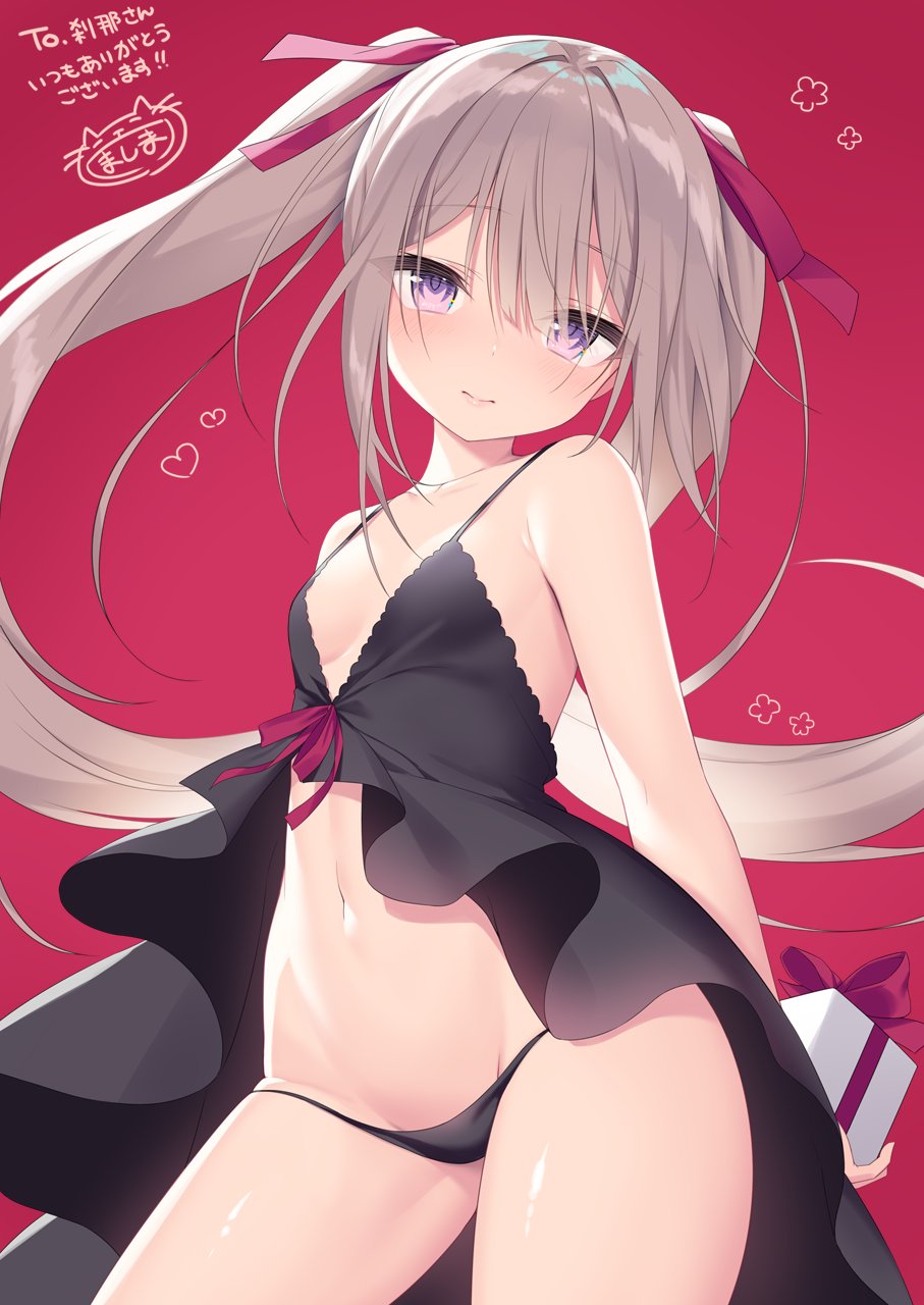 1girl arms_behind_back bare_shoulders black_panties blush box breasts check_copyright commentary_request commission copyright_request cowboy_shot eyebrows_visible_through_hair gift gift_box grey_hair hair_ribbon heart highres hip_bones holding holding_gift lingerie long_hair looking_at_viewer lowleg lowleg_panties mashima_(sumachi) navel negligee nightgown original panties red_background red_ribbon ribbon sidelocks simple_background skeb_commission small_breasts smile solo spaghetti_strap twintails underwear violet_eyes