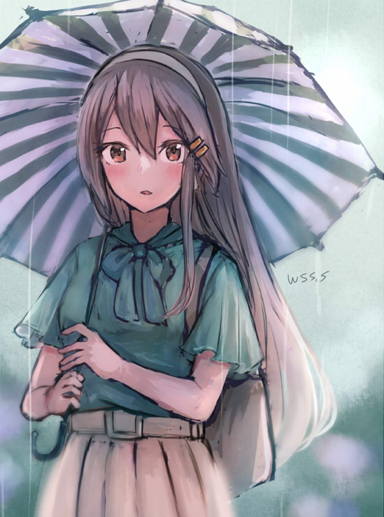 1girl bag black_hair blouse brown_eyes brown_skirt commentary_request cowboy_shot green_blouse hair_ornament hairband hairclip haruna_(kancolle) kantai_collection long_hair looking_at_viewer official_alternate_costume pleated_skirt rain skirt solo striped_umbrella white_hairband wss_(nicoseiga19993411)