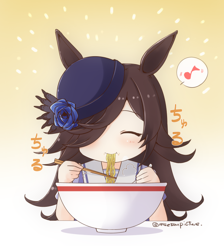 1girl animal_ears bangs blue_flower blue_headwear blue_rose blush bowl brown_hair chopsticks closed_eyes eating flower food hair_over_one_eye hat hat_flower holding holding_chopsticks horse_ears horse_girl long_hair mae_(maesanpicture) musical_note noodles ramen rice_shower_(umamusume) rose sailor_collar school_uniform simple_background solo spoken_musical_note tilted_headwear tracen_school_uniform twitter_username umamusume upper_body