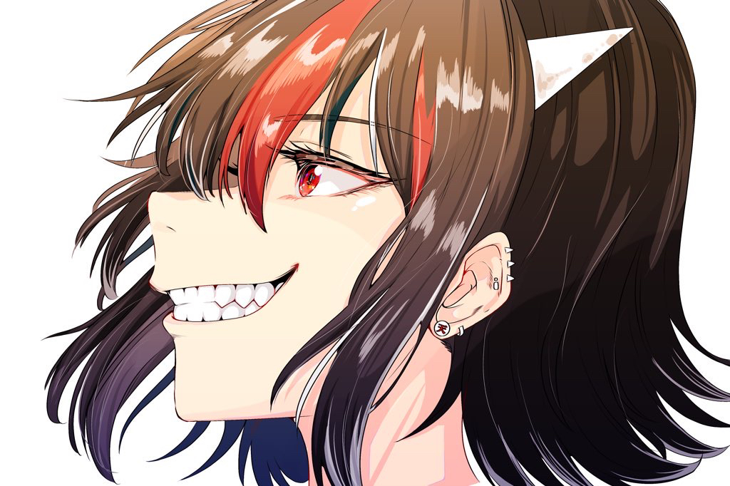 1girl bangs black_hair ear_piercing earrings eyebrows_visible_through_hair eyelashes face fangs from_side grin horns jewelry kijin_seija kwisshy looking_up medium_hair multicolored_hair piercing profile red_eyes redhead sidelocks simple_background smile solo streaked_hair teeth touhou white_background white_hair white_horns