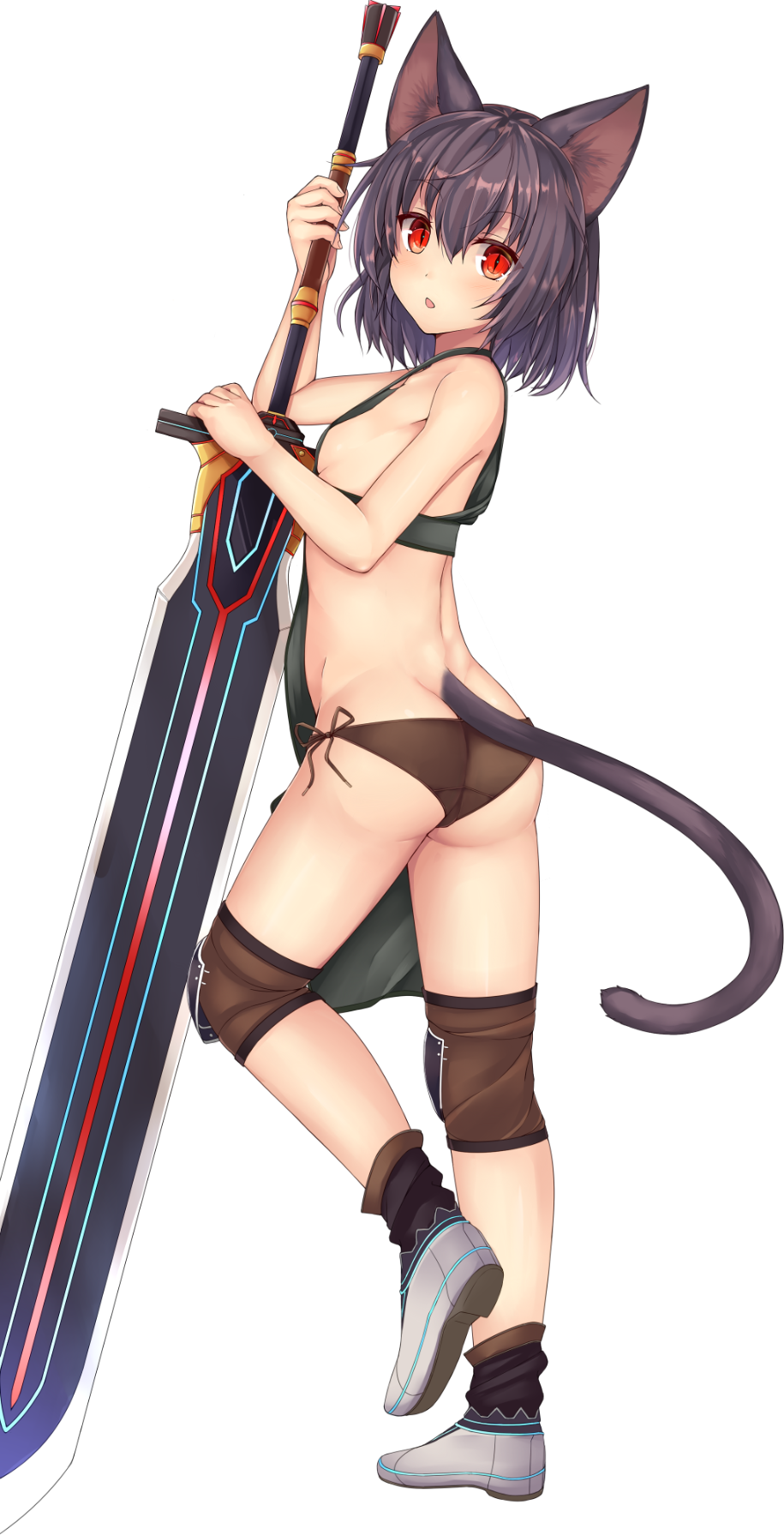 1girl animal_ears ass bikini bikini_bottom black_hair breasts cat_ears cat_tail from_behind full_body highres holding holding_sword holding_weapon kida_kuro_mu knee_pads looking_at_viewer looking_back open_mouth original red_eyes short_hair side-tie_bikini sideboob simple_background slit_pupils small_breasts solo standing swimsuit sword tail weapon white_background