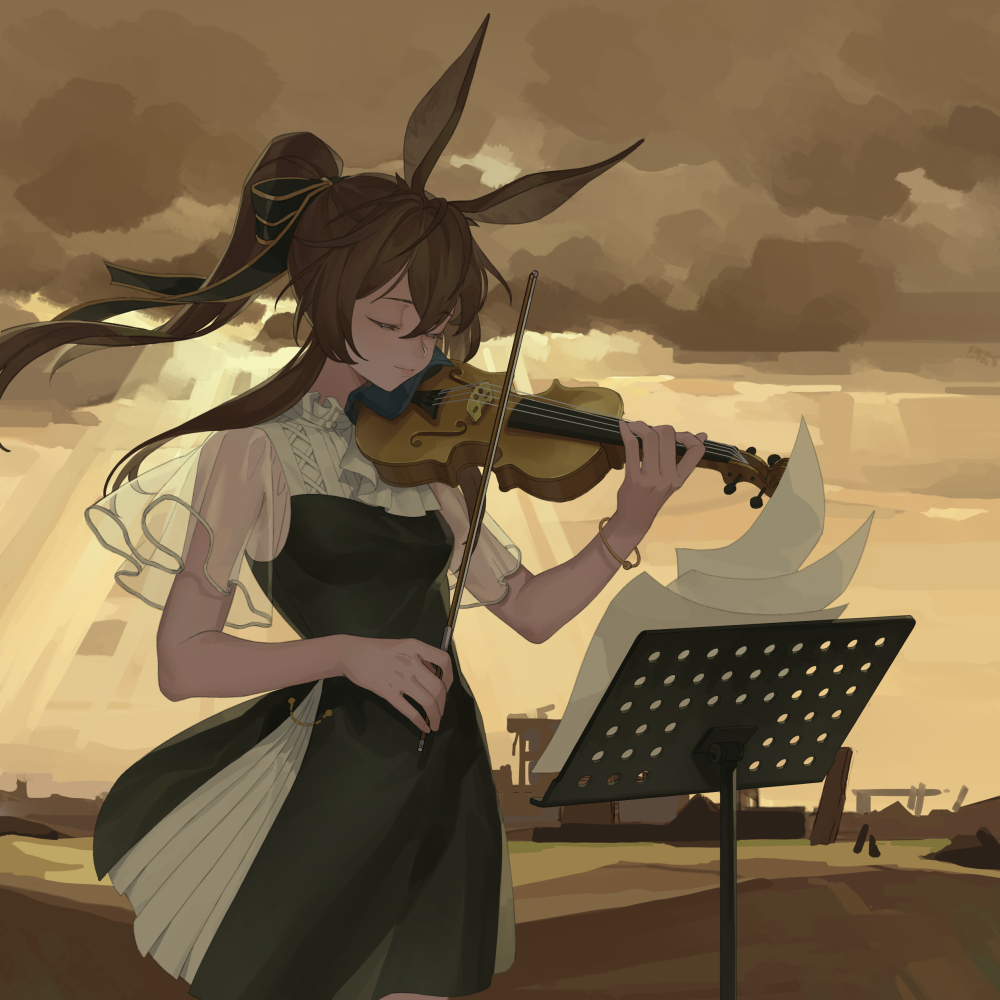 1girl amiya_(arknights) animal_ears arknights ascot black_dress bow_(instrument) bracelet brown_hair brown_sky chinese_commentary closed_eyes closed_mouth clouds cloudy_sky commentary_request cowboy_shot dress favilia frilled_ascot frills green_ribbon hair_ribbon hands_up instrument jewelry long_hair music music_stand outdoors playing_instrument ponytail rabbit_ears ribbon see-through_sleeves sheet_music short_sleeves sky solo violin white_neckwear