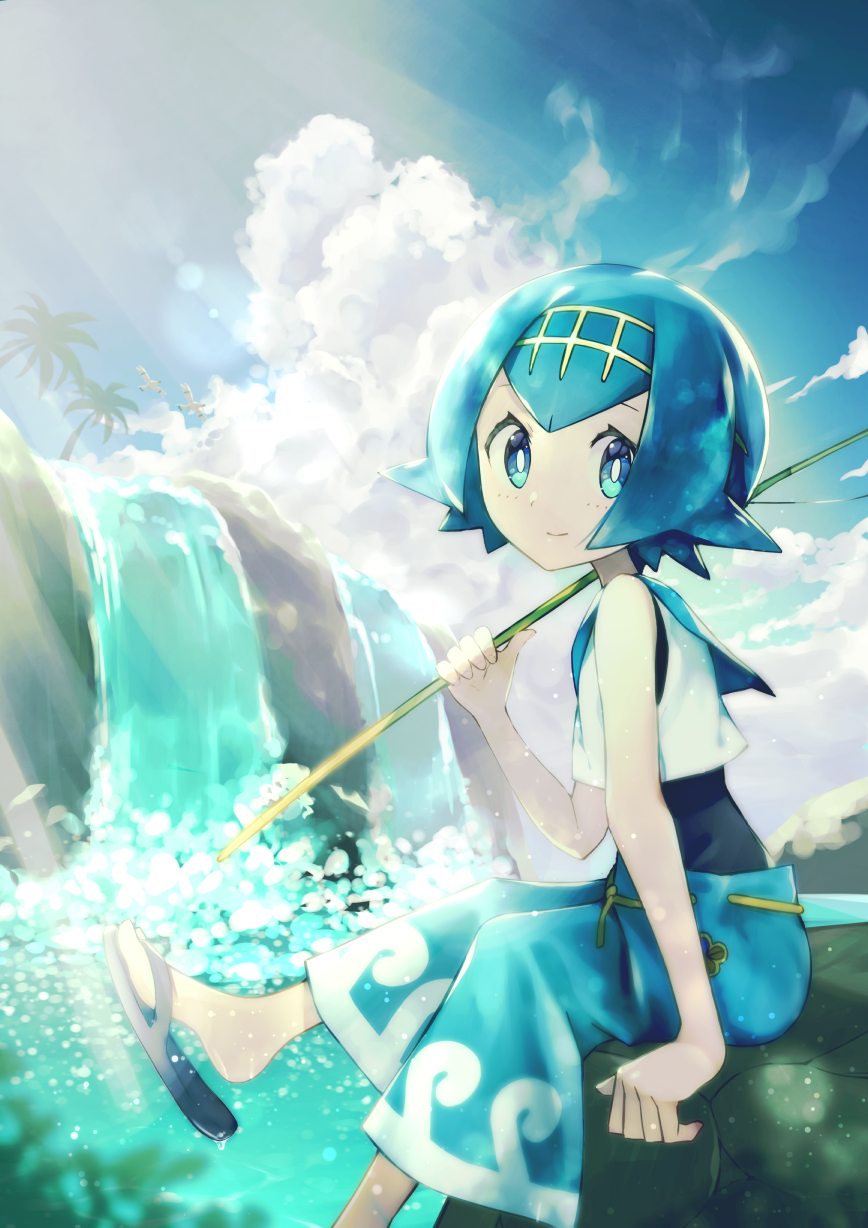 1girl bangs bird blue_eyes blue_hair blue_pants closed_mouth clouds commentary day fishing_rod flip-flops gen_3_pokemon hairband highres holding holding_fishing_rod lana_(pokemon) looking_at_viewer one-piece_swimsuit outdoors palm_tree pants pokemon pokemon_(creature) pokemon_(game) pokemon_sm rindoriko sandals shirt short_hair sitting sky sleeveless smile swimsuit swimsuit_under_clothes tree trial_captain water waterfall wingull