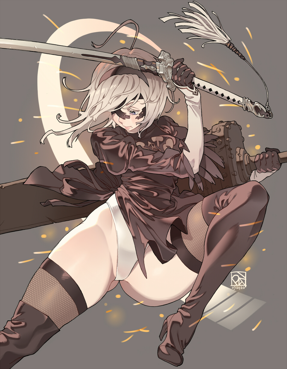 1girl black_blindfold black_dress black_hairband blindfold blue_eyes boots cleavage_cutout clothing_cutout dress feather-trimmed_sleeves gloves hairband high_heel_boots high_heels highleg highleg_leotard highres holding holding_sword holding_weapon juliet_sleeves katana leather leather_boots leotard long_sleeves mole mole_under_mouth nier_(series) nier_automata poch4n puffy_sleeves silver_hair sword thigh-highs thigh_boots thighhighs_under_boots weapon white_leotard yorha_no._2_type_b