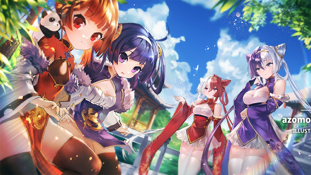 4girls ahoge artist_request azur_lane bare_shoulders black_legwear blue_eyes blue_sky breasts chao_ho_(azur_lane) china_dress chinese_clothes cleavage_cutout clothing_cutout day detached_sleeves dress fur_trim gold_trim hair_rings long_sleeves medium_breasts multicolored_hair multiple_girls ning_hai_(azur_lane) off_shoulder official_art open_mouth outdoors panda pelvic_curtain ping_hai_(azur_lane) purple_dress purple_hair red_dress red_eyes redhead sky small_breasts smile thigh-highs thighs two-tone_hair violet_eyes white_hair white_legwear wide_sleeves ying_swei_(azur_lane) zettai_ryouiki