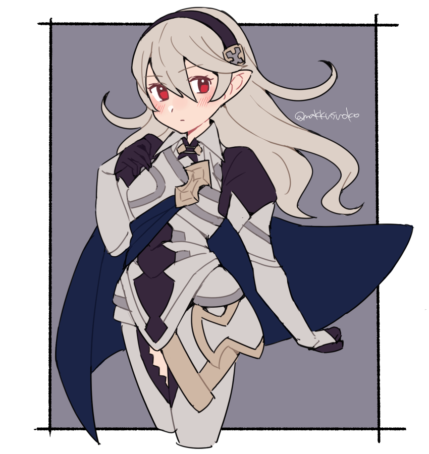 1girl armor armored_dress black_gloves blue_cape blush breastplate breasts cape closed_mouth clothing_cutout corrin_(fire_emblem) corrin_(fire_emblem)_(female) do_m_kaeru eyebrows_visible_through_hair fire_emblem fire_emblem_fates gauntlets gloves grey_hair hair_between_eyes hairband long_hair looking_at_viewer manakete pointy_ears puffy_sleeves red_eyes solo thigh_cutout twitter_username