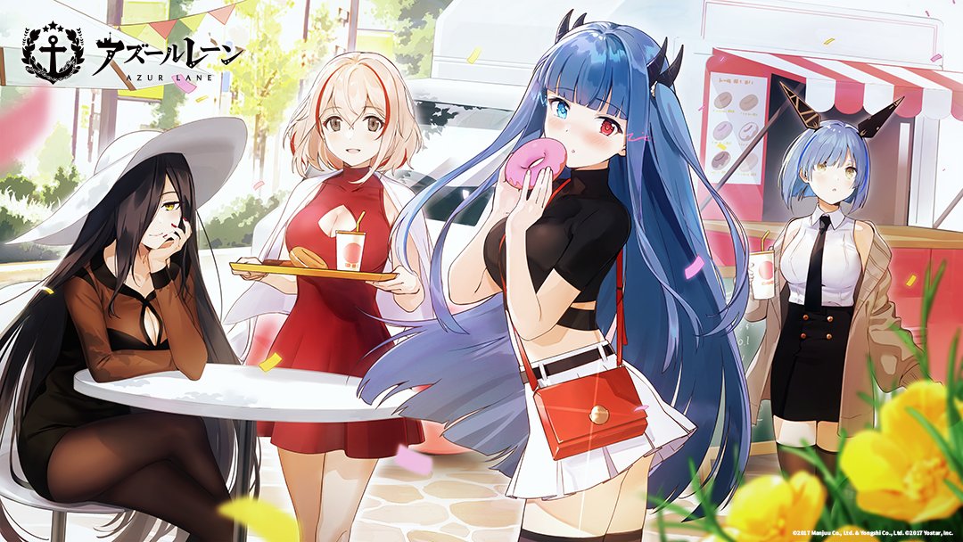 4girls alternate_costume artist_request azur_lane bag bare_shoulders belt black_dress black_hair black_legwear black_shirt black_skirt blonde_hair blue_eyes blue_hair breasts brown_coat brown_legwear casual coat crop_top crossed_legs day doughnut dress food friedrich_der_grosse_(azur_lane) gascogne_(azur_lane) hair_over_one_eye hat heterochromia high-waist_skirt horns ibuki_(azur_lane) large_breasts long_hair long_sleeves looking_at_viewer midriff miniskirt multicolored_hair multiple_girls nail_polish necktie off_shoulder official_art open_clothes open_coat open_mouth outdoors pantyhose pleated_skirt red_dress red_eyes roon_(azur_lane) shirt short_hair short_sleeves shoulder_bag sitting skirt sleeveless sleeveless_dress sleeveless_shirt smile streaked_hair sun_hat table thigh-highs tray two_side_up very_long_hair white_headwear white_shirt white_skirt zettai_ryouiki