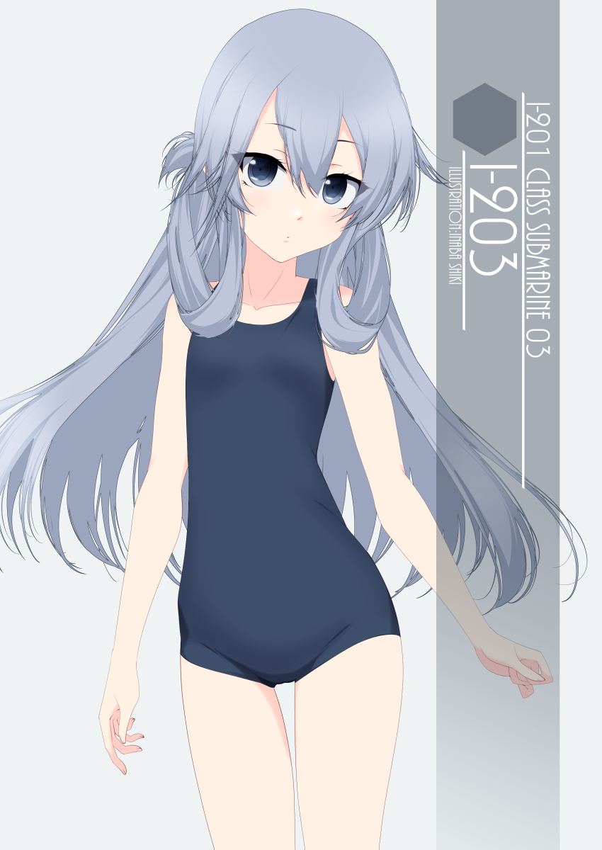 1girl artist_name blue_swimsuit character_name cowboy_shot flat_chest grey_background grey_eyes grey_hair highres i-203_(kancolle) inaba_shiki kantai_collection long_hair looking_at_viewer new_school_swimsuit one-hour_drawing_challenge school_swimsuit simple_background solo standing swimsuit