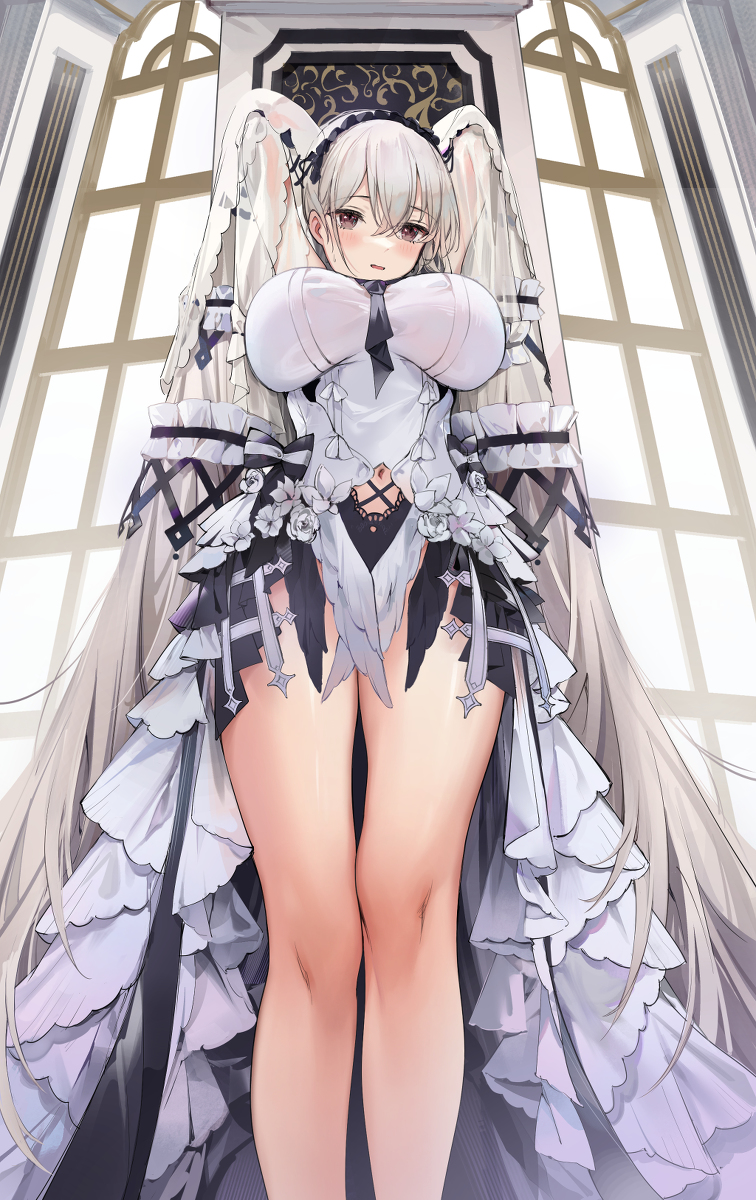 1girl arms_behind_back arms_up azur_lane blush bow_dress breasts clothing_cutout dress embarrassed feather_dress formidable_(azur_lane) formidable_(timeless_classics)_(azur_lane) hair_tubes headdress highres large_breasts layered_dress long_hair looking_at_viewer navel navel_cutout official_alternate_costume red_eyes short_dress solo tired twintails veil very_long_hair white_dress window yamiiv