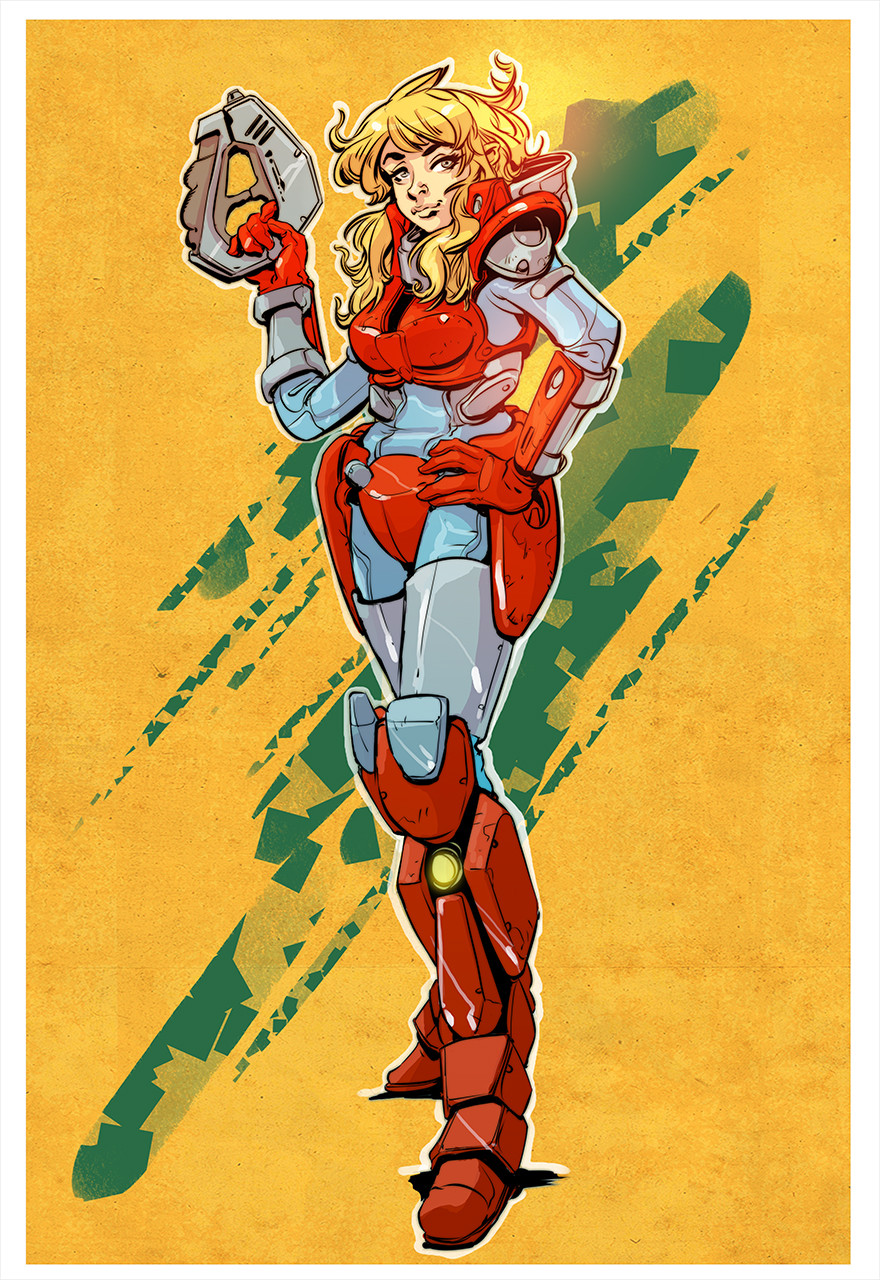 1girl blonde_hair body_armor damaged dirty energy_gun gallant_h-90 gloves headwear_removed helmet helmet_removed highres houquet_et_rose ink_(medium) kikou_souseiki_mospeada looking_at_viewer mole mospeada mospeada_(mecha) power_armor ray_gun robotech traditional_media vincent_riley weapon