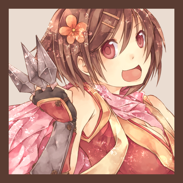 1girl :d alternate_color bangs between_fingers black_gloves border breasts brown_border brown_hair commentary_request eyebrows_visible_through_hair fingerless_gloves flower gloves grey_background hair_between_eyes hair_flower hair_ornament hairclip holding japanese_clothes kimono kunai looking_at_viewer lunaraven medium_breasts ninja_(ragnarok_online) open_mouth orange_flower pink_scarf ragnarok_online red_eyes red_kimono scarf short_hair simple_background smile solo upper_body vambraces weapon