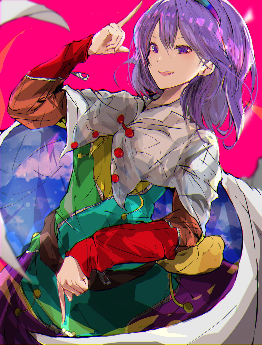 1girl :d breasts cape chromatic_aberration cowboy_shot dress dutch_angle hairband highres index_finger_raised krs_(kqrqsi) looking_at_viewer medium_breasts medium_hair multicolored multicolored_clothes multicolored_dress open_mouth pink_background pointing purple_hair rainbow_gradient simple_background smile solo tenkyuu_chimata touhou violet_eyes white_cape