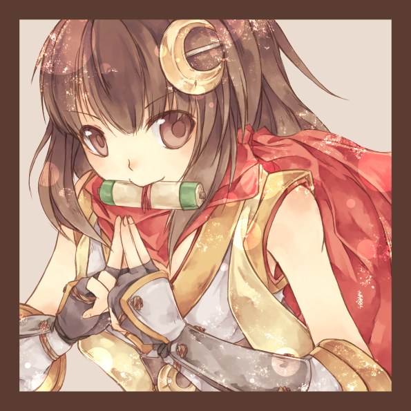 1girl bangs border breasts brown_border brown_eyes brown_hair commentary_request crescent crescent_hair_ornament eyebrows_visible_through_hair grey_background hair_between_eyes hair_ornament hairpin japanese_clothes kimono kuji-in long_hair looking_at_viewer lunaraven mouth_hold ninja_(ragnarok_online) ragnarok_online red_scarf scarf scroll simple_background sleeveless sleeveless_kimono small_breasts solo upper_body vambraces white_kimono