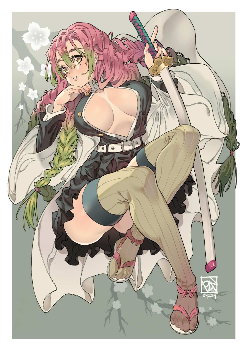 1girl belt black_jacket black_skirt border braid breasts breasts_apart duplicate flower full_body gradient_hair green_hair hair_between_eyes highres index_finger_raised jacket kanroji_mitsuri katana kimetsu_no_yaiba large_breasts long_hair mole mole_under_eye multicolored_hair open_clothes open_jacket open_shirt parted_lips partially_unbuttoned pink_hair pixel-perfect_duplicate poch4n quad_braids sandals shirt skirt solo sword tabi thigh-highs weapon white_border white_flower white_shirt yellow_eyes