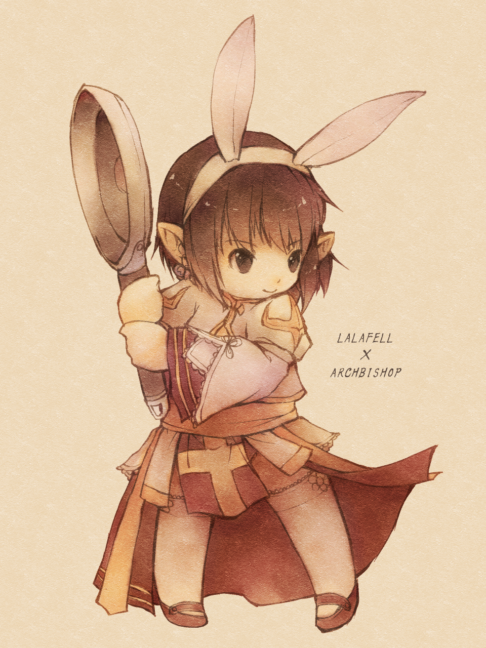 1girl archbishop_(ragnarok_online) bangs brown_eyes brown_footwear brown_hair closed_mouth commentary_request crossover dress eyebrows_visible_through_hair final_fantasy final_fantasy_xiv frying_pan full_body hairband highres holding holding_frying_pan lalafell looking_afar lunaraven mary_janes pointy_ears ragnarok_online red_dress sash shoes short_hair simple_background smile solo thigh-highs two-tone_dress white_dress white_hairband white_legwear yellow_sash