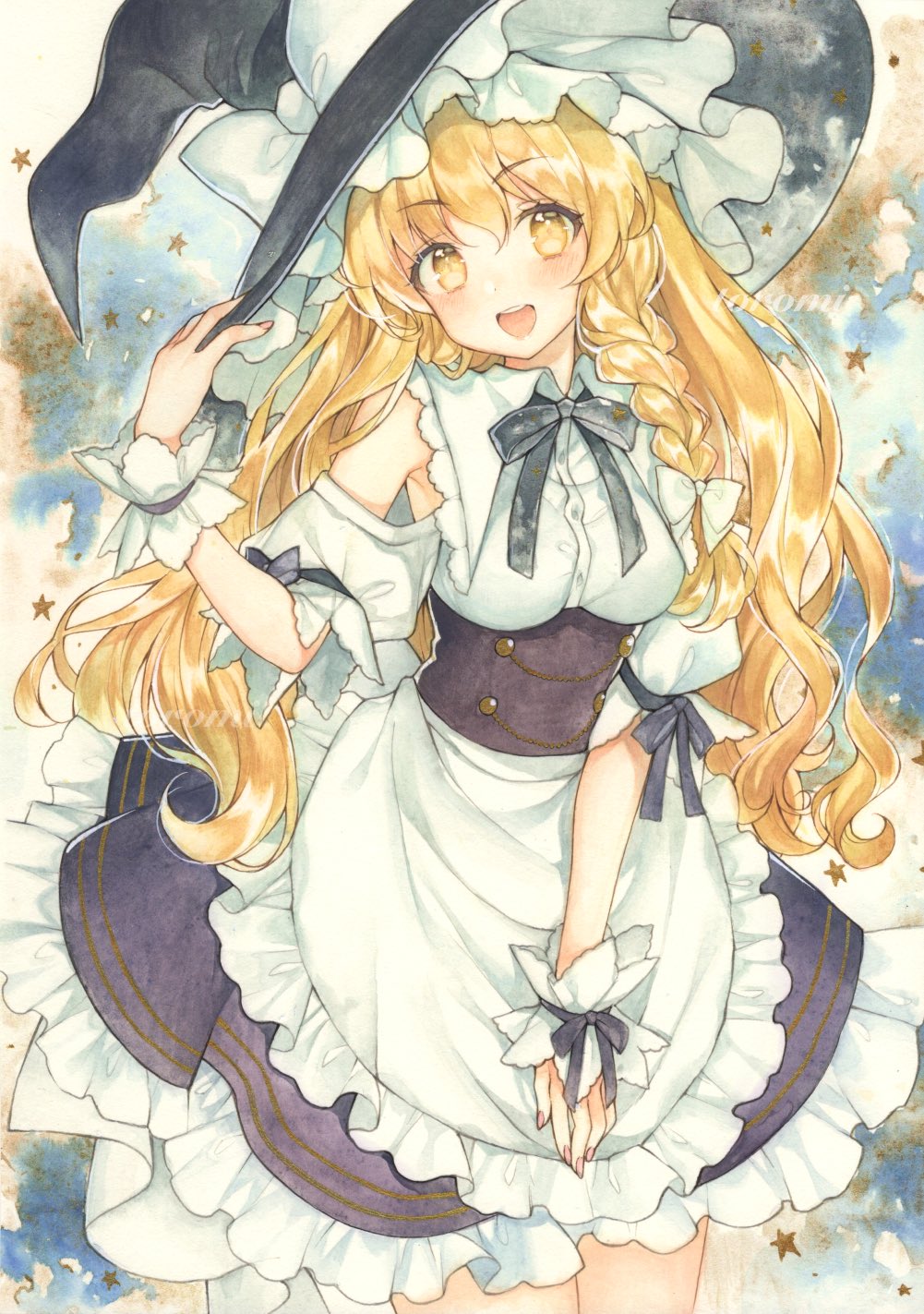 1girl :d apron black_dress blonde_hair blush breasts clothing_cutout dress eyebrows_visible_through_hair feet_out_of_frame hand_up hat highres kirisame_marisa long_hair looking_at_viewer medium_breasts mugicha_(mugicha0929) open_mouth shoulder_cutout smile solo star_(symbol) touhou very_long_hair waist_apron witch_hat wrist_guards yellow_eyes