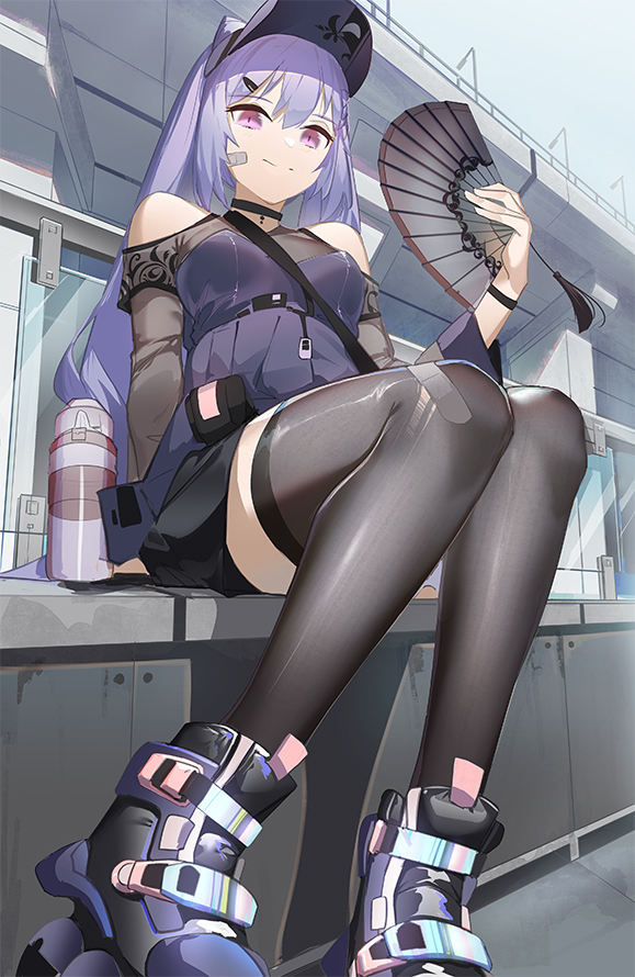 1girl bangs black_legwear blush bottle breasts clothing_cutout contemporary dress fan folding_fan genshin_impact grey_dress hair_cones keqing_(genshin_impact) long_hair looking_at_viewer luomo medium_breasts purple_hair roller_skates shoulder_cutout sitting skates smile solo swept_bangs thigh-highs twintails violet_eyes water_bottle