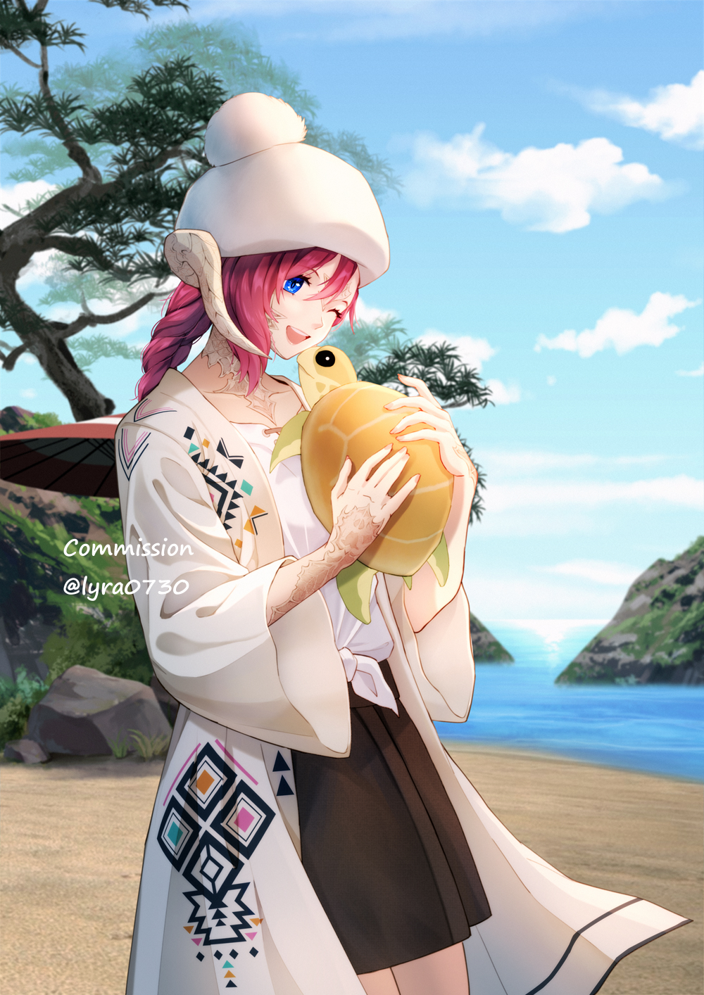 1girl au_ra beach blue_eyes blurry blurry_background braid braided_ponytail commission day dragon_horns final_fantasy final_fantasy_xiv hair_between_eyes hat highres horns jacket long_hair lyra-kotto oil-paper_umbrella one_eye_closed open_clothes open_jacket outdoors redhead scales solo turtle umbrella