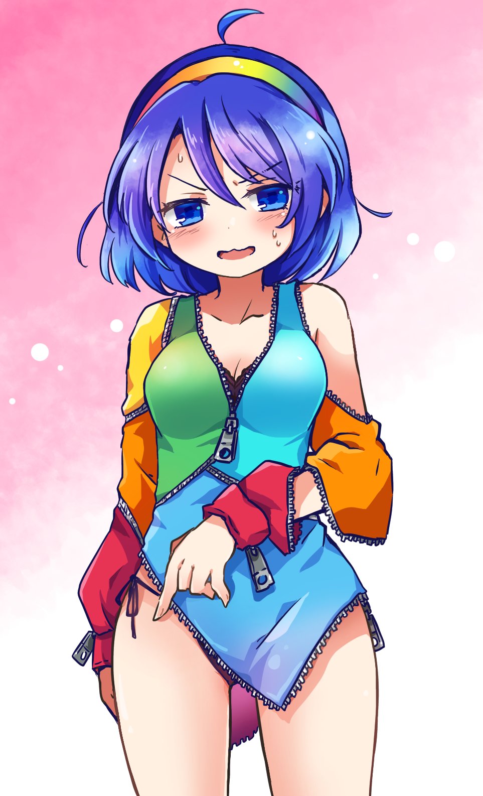 1girl blue_eyes blue_hair breasts dress highres medium_breasts multicolored multicolored_clothes multicolored_dress multicolored_hairband patchwork_clothes pote_(ptkan) rainbow rainbow_gradient short_hair solo tenkyuu_chimata touhou two-sided_fabric unconnected_marketeers