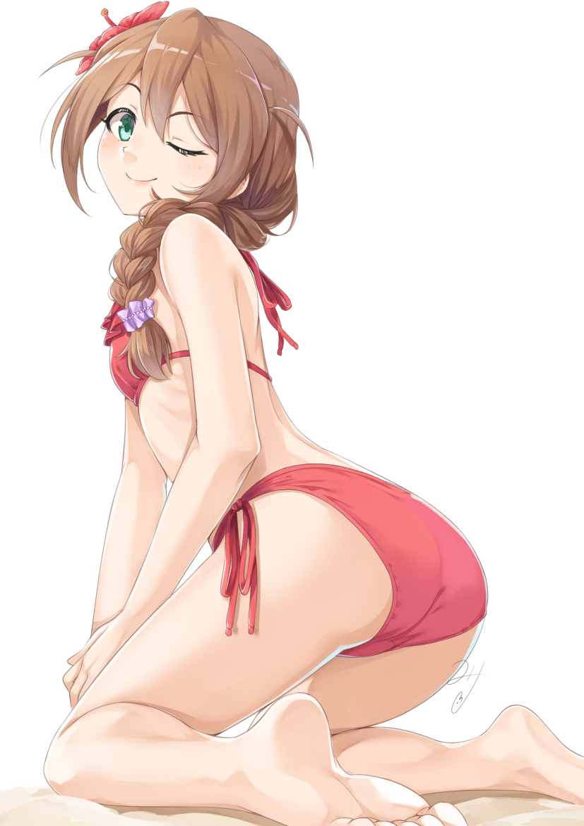 1girl ;) ass baba_konomi bangs bare_arms bare_legs bare_shoulders barefoot bikini braid brown_hair closed_mouth commentary_request eyebrows_visible_through_hair flower from_behind green_eyes hair_between_eyes hair_flower hair_ornament hair_over_shoulder hair_scrunchie idolmaster idolmaster_million_live! kneeling long_hair looking_at_viewer looking_back miri_(ago550421) one_eye_closed purple_scrunchie red_bikini red_flower scrunchie side-tie_bikini signature single_braid smile soles solo swimsuit white_background