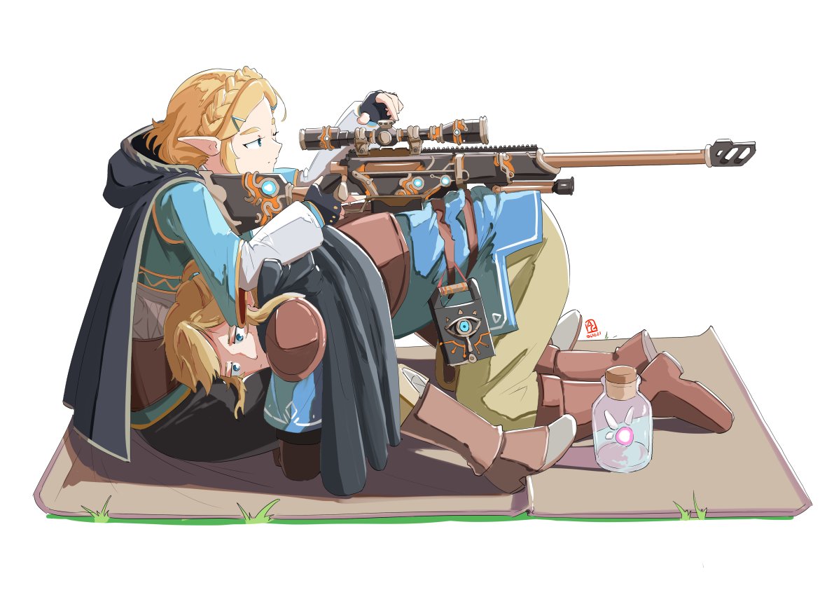 1boy 1girl automatic_giraffe blonde_hair blue_eyes blue_shirt boots bottle braid capelet fairy fingerless_gloves french_braid gloves gun lap_pillow link meme pointy_ears princess_zelda rifle shirt sidelocks sniper_rifle the_legend_of_zelda the_legend_of_zelda:_breath_of_the_wild weapon