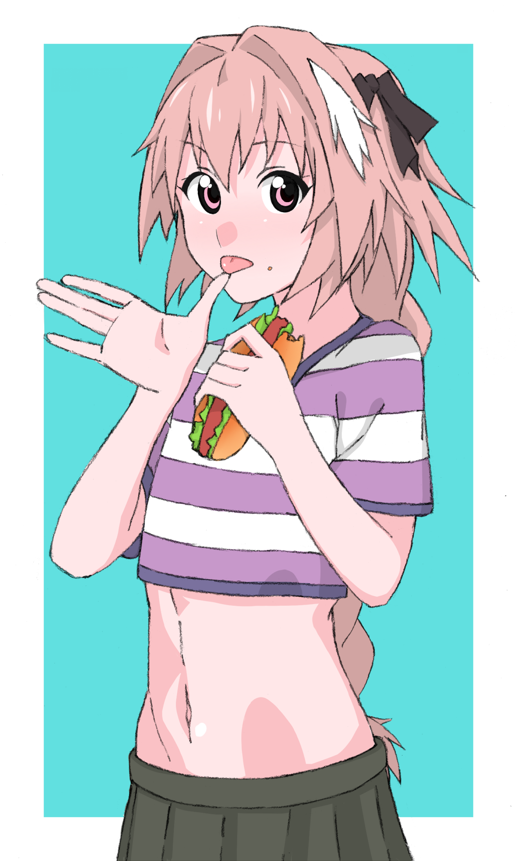 1boy astolfo_(fate) black_bow black_skirt blush border bow closed_mouth eyebrows_visible_through_hair fate/grand_order fate_(series) finger_licking food food_on_face hair_bow highres holding holding_food hot_dog kashiwa_(iersansi) licking long_hair looking_at_viewer male_focus multicolored multicolored_hair navel otoko_no_ko pink_eyes pink_hair shiny shiny_skin skirt solo streaked_hair striped striped_clothes tongue tongue_out white_border white_hair