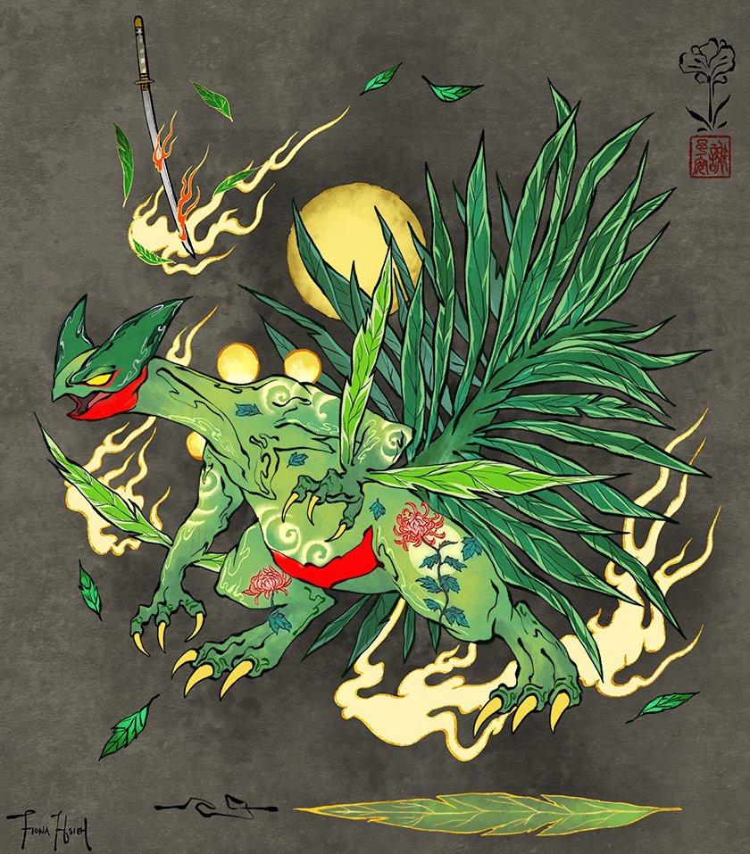 animal_focus claws fiona_hsieh fire flower gen_3_pokemon katana leaf lizard looking_to_the_side open_mouth pokemon pokemon_(game) pokemon_rse sceptile seal_impression signature sun sword weapon yellow_eyes