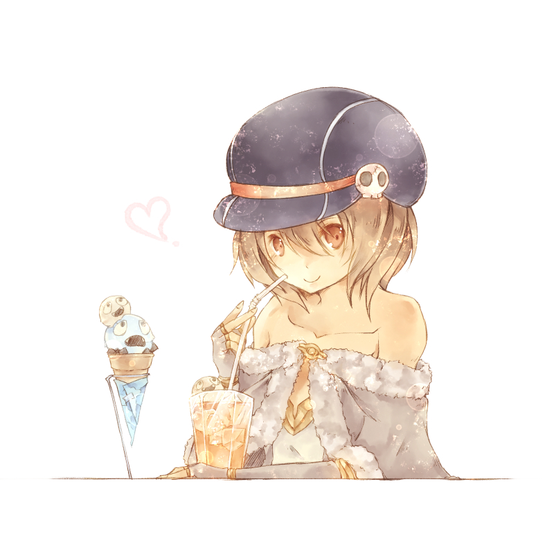 1girl alternate_color bangs black_headwear brown_eyes brown_hair cape closed_mouth commentary_request cup dress drinking_straw fingerless_gloves food fur-trimmed_cape fur_trim gloves grey_cape grey_gloves hair_between_eyes hat heart high_wizard_(ragnarok_online) ice ice_cream ice_cube invisible_table looking_at_viewer lunaraven ragnarok_online short_hair simple_background skull_hat_ornament smile solo strapless strapless_dress upper_body white_background white_dress