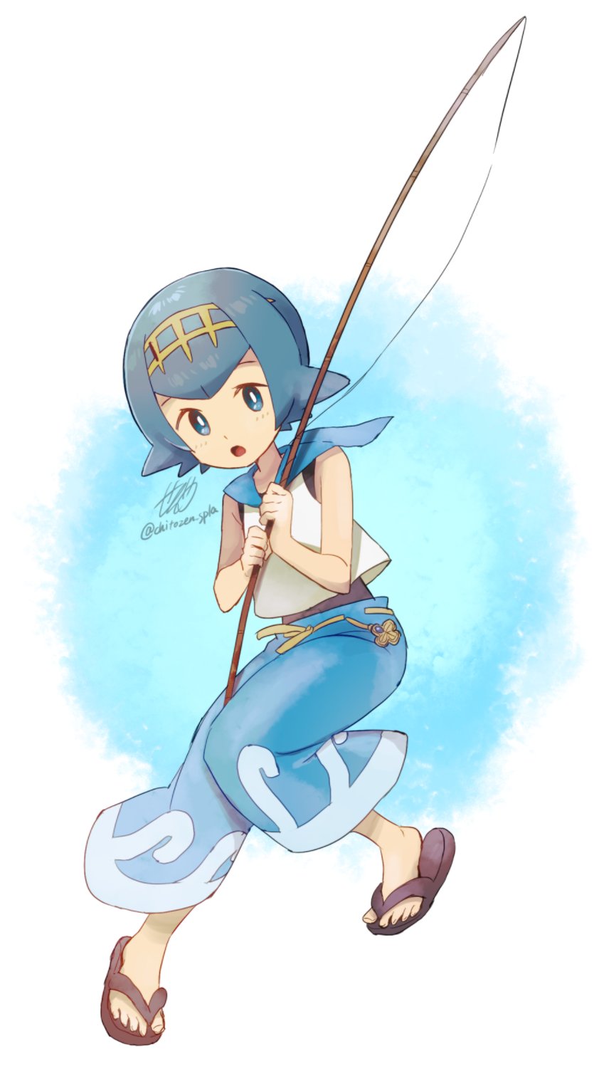 1girl :o bangs blue_eyes blue_hair blue_pants blue_sailor_collar bright_pupils brown_footwear chitozen_(pri_zen) commentary_request fishing_line fishing_rod flip-flops full_body hairband highres holding holding_fishing_rod knees_together_feet_apart lana_(pokemon) looking_at_viewer no_sclera one-piece_swimsuit open_mouth pants pokemon pokemon_(game) pokemon_sm sailor_collar sandals shirt short_hair signature sleeveless solo swimsuit swimsuit_under_clothes toes tongue trial_captain twitter_username white_pupils white_shirt