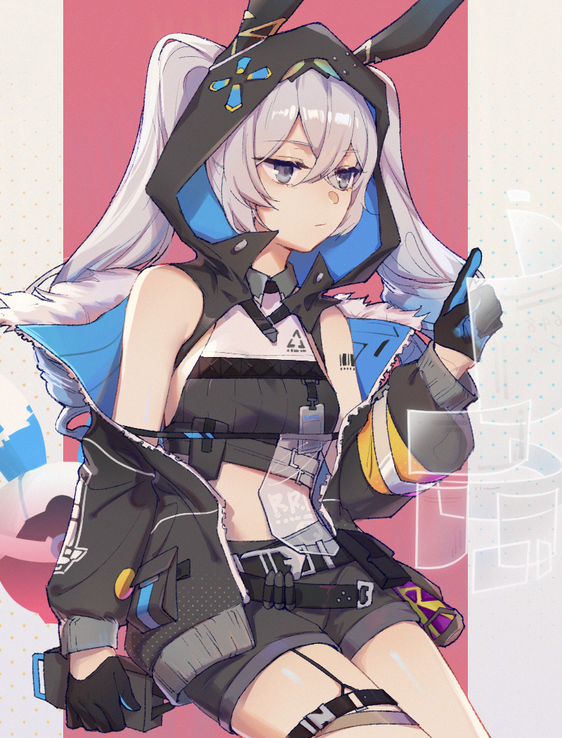 1girl animal_ears animal_hood barcode_tattoo bare_shoulders black_gloves black_jacket bronya_zaychik bronya_zaychik_(haxxor_bunny) closed_mouth drill_hair drone gloves grey_eyes grey_hair hair_between_eyes holographic_interface honkai_(series) honkai_impact_3rd hood jacket long_hair long_sleeves navel pink_background rabbit_ears shorts silence_(pixiv18541142) simple_background solo tattoo twin_drills white_background