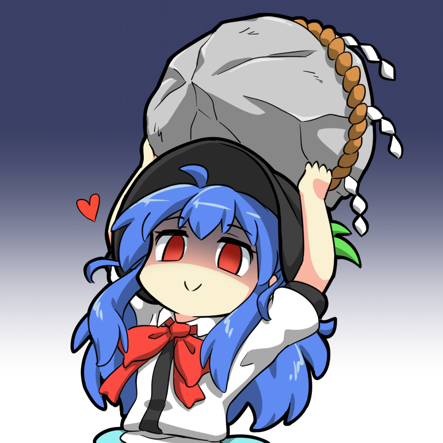 1girl bangs black_headwear blue_hair bow bowtie closed_mouth english_commentary gradient gradient_background heart hinanawi_tenshi holding keystone leaf long_hair looking_at_viewer rakkidei red_bow red_eyes red_neckwear redhead rope shaded_face shide shimenawa short_sleeves smile solo touhou upper_body