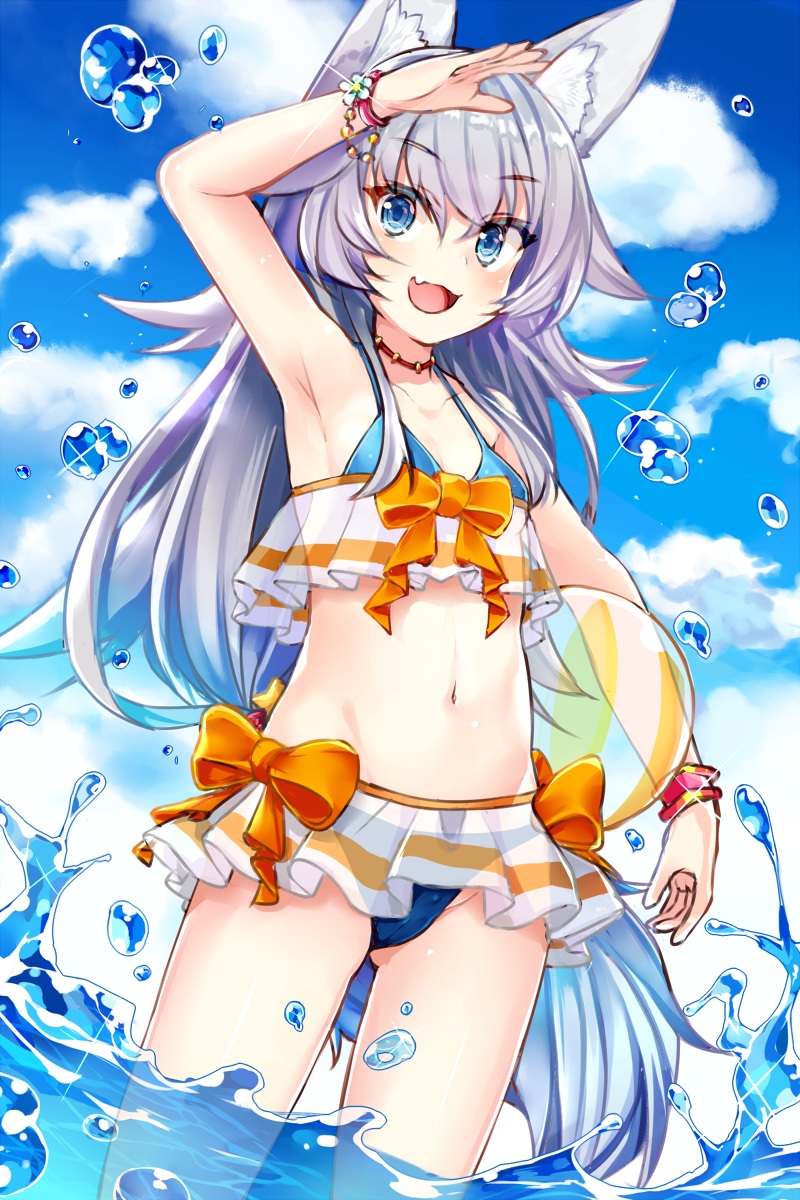 1girl :d animal_ear_fluff animal_ears ball beachball bead_bracelet beads bikini blue_bikini blue_eyes bracelet breasts character_request copyright_request day fang highres holding holding_ball in_water jewelry kida_kuro_mu light_blue_hair long_hair open_mouth outdoors small_breasts smile swimsuit tail water