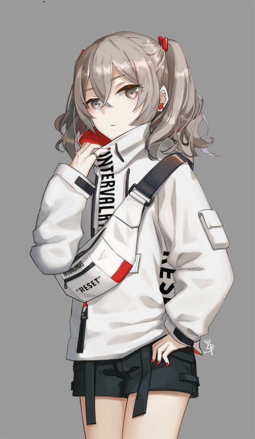 1girl alternate_costume alternate_hairstyle bronya_zaychik casual closed_mouth earrings fashion grey_background grey_eyes grey_hair hair_between_eyes honkai_(series) honkai_impact_3rd jacket jewelry nail_polish red_nails shorts solo tsuruki_noki twintails white_jacket