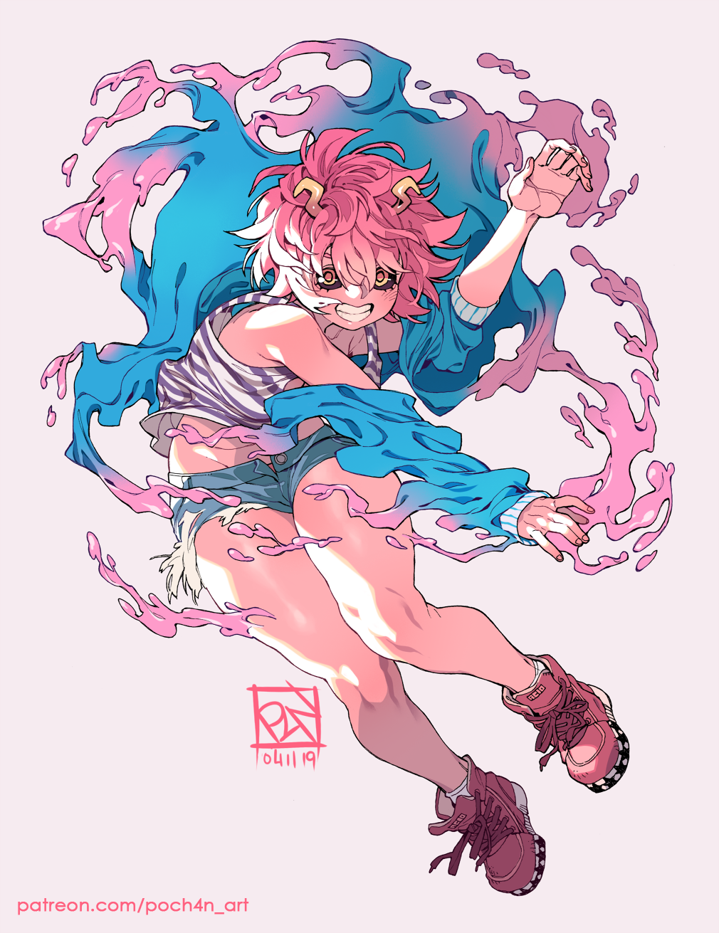1girl ashido_mina black_sclera boku_no_hero_academia casual colored_sclera colored_skin commentary dated english_commentary full_body grin highres horns off_shoulder patreon_username pink_hair pink_skin poch4n shoes short_hair signature slime_(substance) smile sneakers solo teeth white_background yellow_eyes
