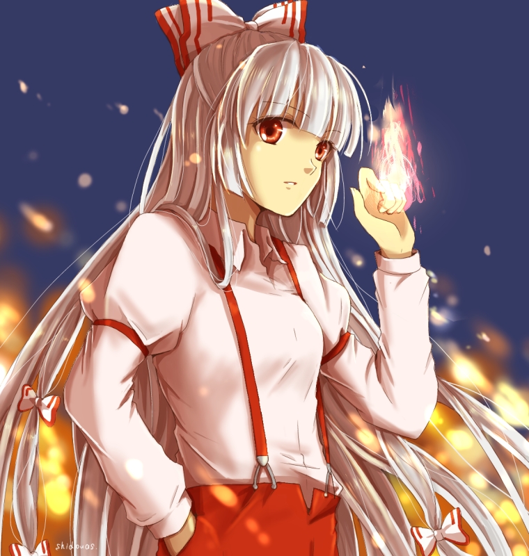 1girl bangs blue_background bow eyebrows_visible_through_hair fire fujiwara_no_mokou hair_bow hand_in_pocket hand_up hime_cut long_hair long_sleeves looking_at_viewer multicolored_bow pants red_bow red_eyes red_pants shidouas shirt simple_background solo teeth touhou very_long_hair white_bow white_hair white_shirt white_sleeves