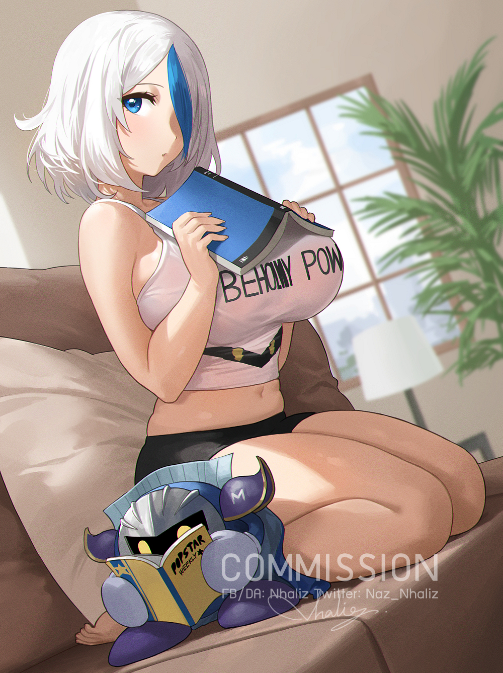 1girl :o armor artist_name bare_arms bare_legs bare_shoulders barefoot black_shorts blinds blue_eyes blush book breasts clothes_writing commentary commission couch creature english_commentary highres holding holding_book indoors kirby_(series) lamp large_breasts looking_at_viewer meta_knight multicolored_hair nhaliz on_couch open_book original parted_lips pillow plant potted_plant reading short_hair short_shorts shorts shoulder_armor signature silver_hair sitting sleeveless streaked_hair tank_top two-tone_hair wariza white_mittens white_tank_top yellow_eyes