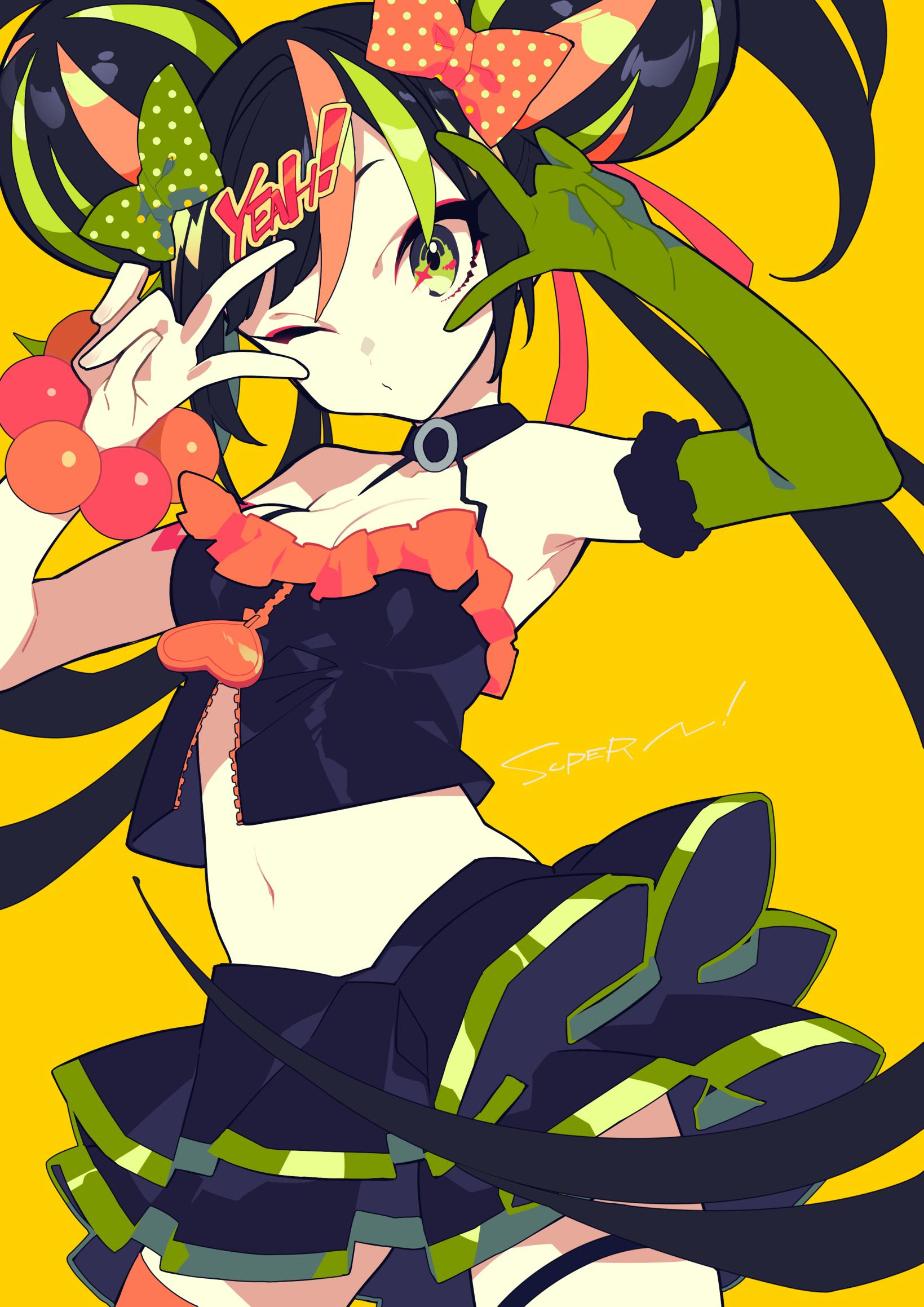 1girl amy-chan amy_channel arms_up bare_shoulders black_hair black_skirt bow breasts double_v elbow_gloves gloves green_bow green_eyes green_gloves green_hair hair_bow highres layered_skirt long_hair looking_at_viewer medium_breasts midriff mochizuki_kei multicolored_hair navel one_eye_closed orange_bow orange_hair polka_dot polka_dot_bow shadow simple_background single_glove skirt solo streaked_hair v v_over_eye very_long_hair wrist_bobbles yellow_background