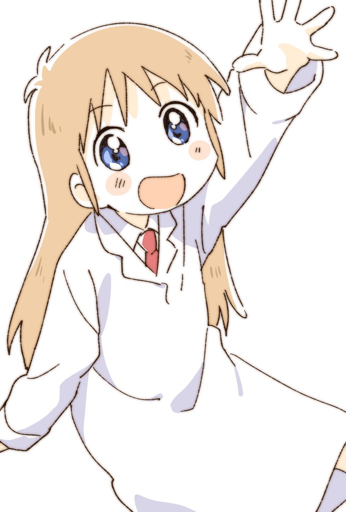 1girl :d arm_up bangs blonde_hair blue_eyes blush_stickers collared_shirt commentary eyebrows_visible_through_hair happy labcoat long_hair looking_to_the_side looking_up namori necktie nichijou open_mouth outstretched_arm professor_shinonome red_neckwear shirt simple_background smile solo symbol_commentary white_background white_shirt