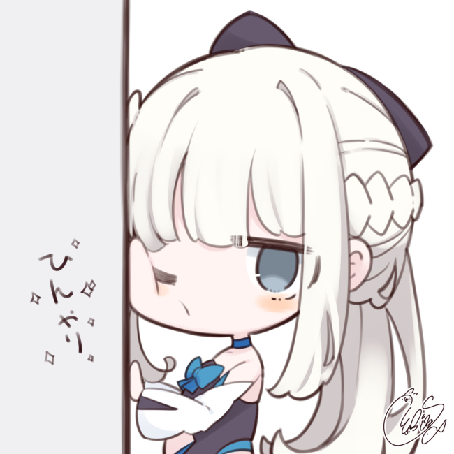 1girl bangs bare_shoulders beni_shake black_bow black_leotard blue_bow blue_choker blush bow braid cheek_press chibi choker commentary_request detached_sleeves fate/grand_order fate_(series) grey_eyes hair_bow leotard long_hair long_sleeves looking_at_viewer morgan_le_fay_(fate) one_eye_closed ponytail signature solo sparkle translation_request upper_body very_long_hair white_background white_hair white_sleeves wide_sleeves
