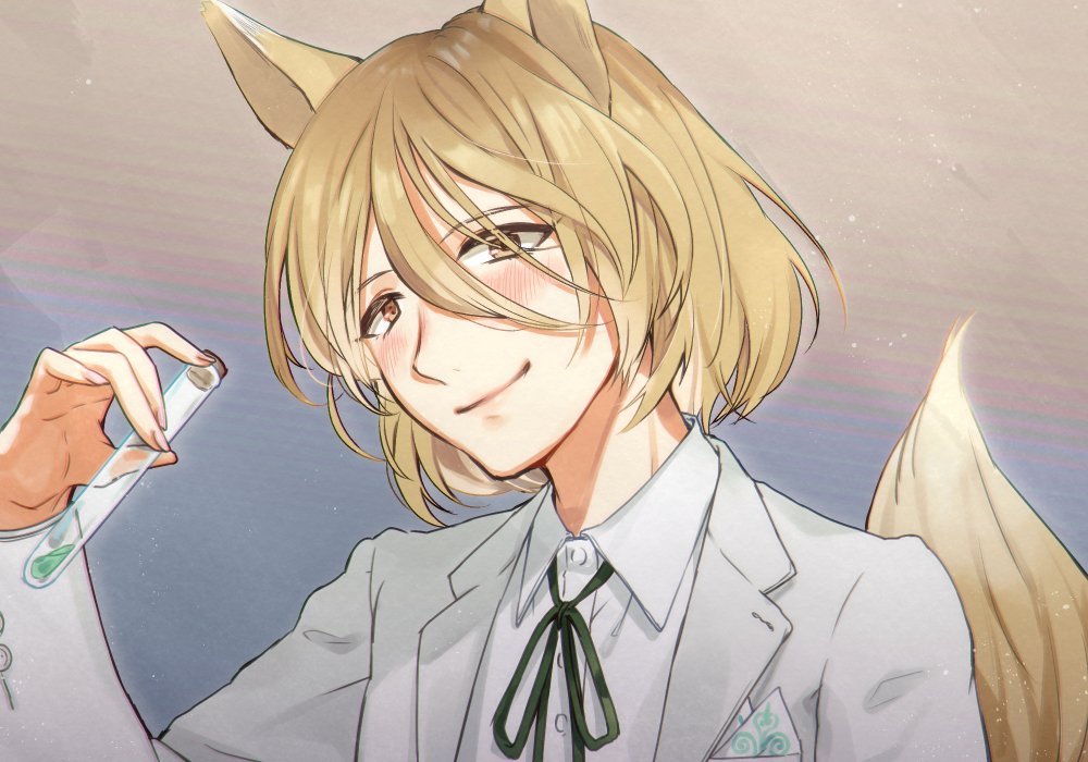 1girl animal_ears ari_don bangs blonde_hair blush commentary_request eyebrows_visible_through_hair formal fox_ears fox_shadow_puppet fox_tail hair_between_eyes kudamaki_tsukasa looking_at_viewer short_hair smile solo suit tail test_tube touhou white_suit yellow_eyes