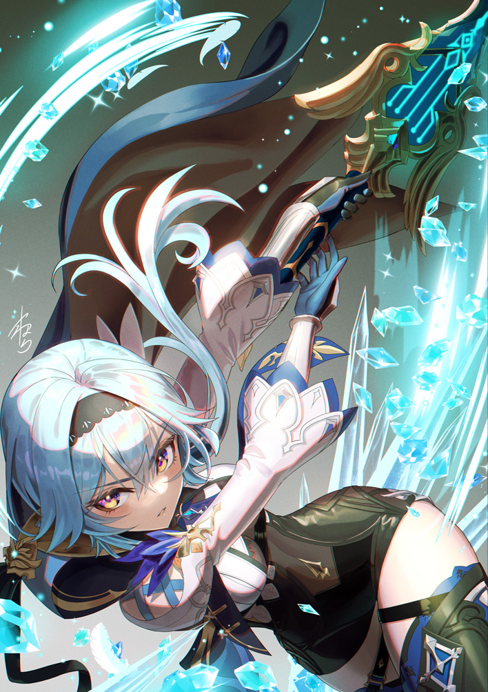 1girl bangs black_hairband black_leotard blue_hair blue_neckwear boots breasts cape commentary_request eula_lawrence eyebrows_visible_through_hair feathers genshin_impact gloves greatsword hair_ornament hairband holding holding_sword holding_weapon ice juliet_sleeves leotard long_sleeves looking_at_viewer medium_breasts medium_hair multicolored multicolored_eyes necktie open_mouth puffy_sleeves solo sparkle sword thigh-highs thigh_boots thigh_strap thighs violet_eyes weapon yamahara yellow_eyes