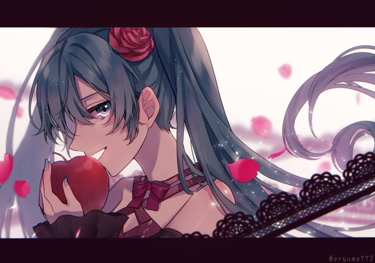 1girl apple aqua_eyes aqua_hair aqua_nails aryuma772 backlighting bare_shoulders black_sleeves bloom blurry depth_of_field food from_side fruit half-closed_eyes hatsune_miku holding holding_food holding_fruit imminent_bite lace lace_ribbon looking_at_viewer looking_to_the_side petals profile red_apple romeo_to_cinderella_(vocaloid) smile solo sparkle twintails twitter_username vintage_dress_(module) vocaloid wide_sleeves