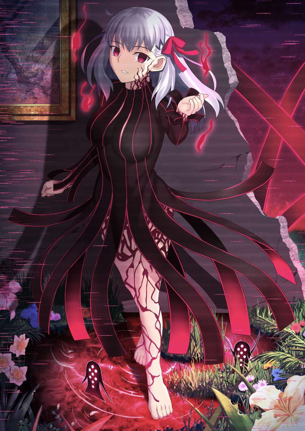 1girl barefoot black_dress breasts dark_sakura dress fate/stay_night fate_(series) flower full_body grass hair_ribbon hand_up highres looking_at_viewer matou_sakura medium_breasts medium_hair mishiro_(ixtlolton) parted_lips picture_frame red_eyes red_ribbon ribbon smile solo white_hair