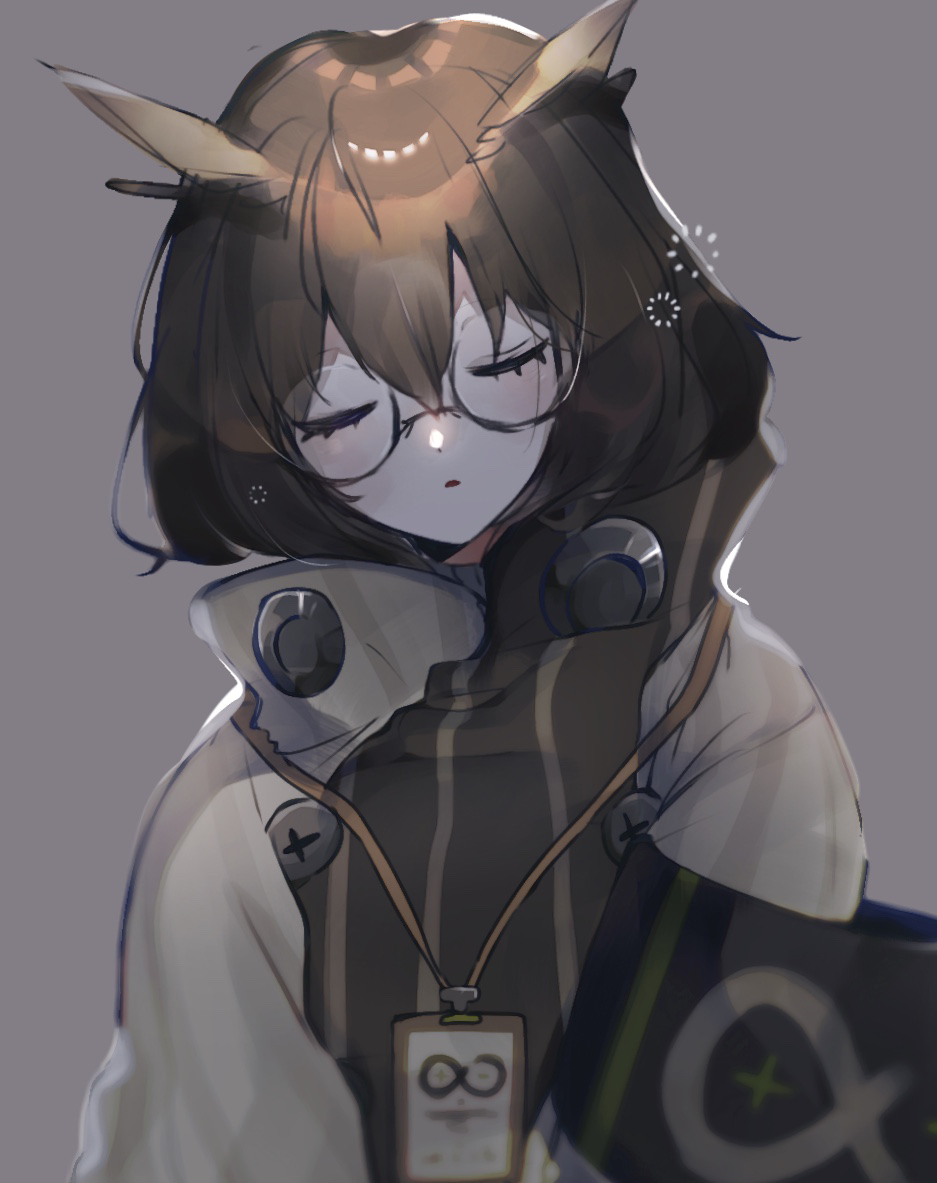 1girl arknights bangs brown_hair bubble closed_eyes collared_jacket feather_hair glasses grey_background hair_between_eyes id_card lanyard open_mouth rhine_lab_logo semi-rimless_eyewear short_hair silence_(arknights) simple_background sleeping sleeping_upright solo uneri_(une_une44) upper_body