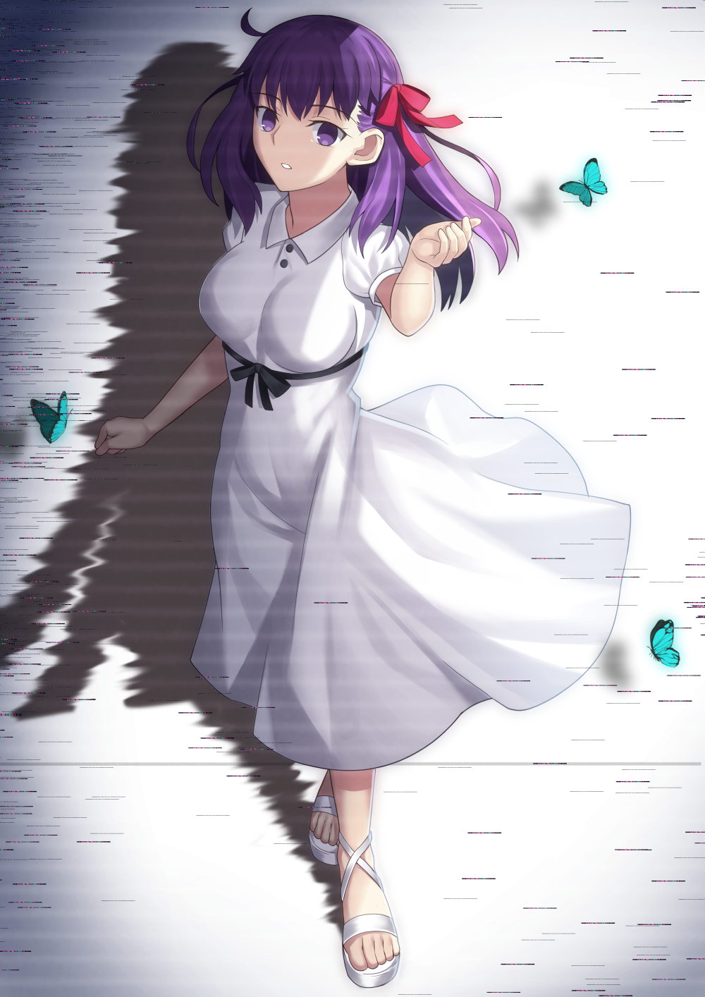 1girl breasts bug butterfly dress fate/stay_night fate_(series) full_body glitch hair_ribbon hand_up highres insect looking_at_viewer matou_sakura medium_breasts medium_hair mishiro_(ixtlolton) official_alternate_costume parted_lips puffy_short_sleeves puffy_sleeves purple_hair red_ribbon ribbon sandals shadow short_sleeves solo violet_eyes white_dress white_footwear