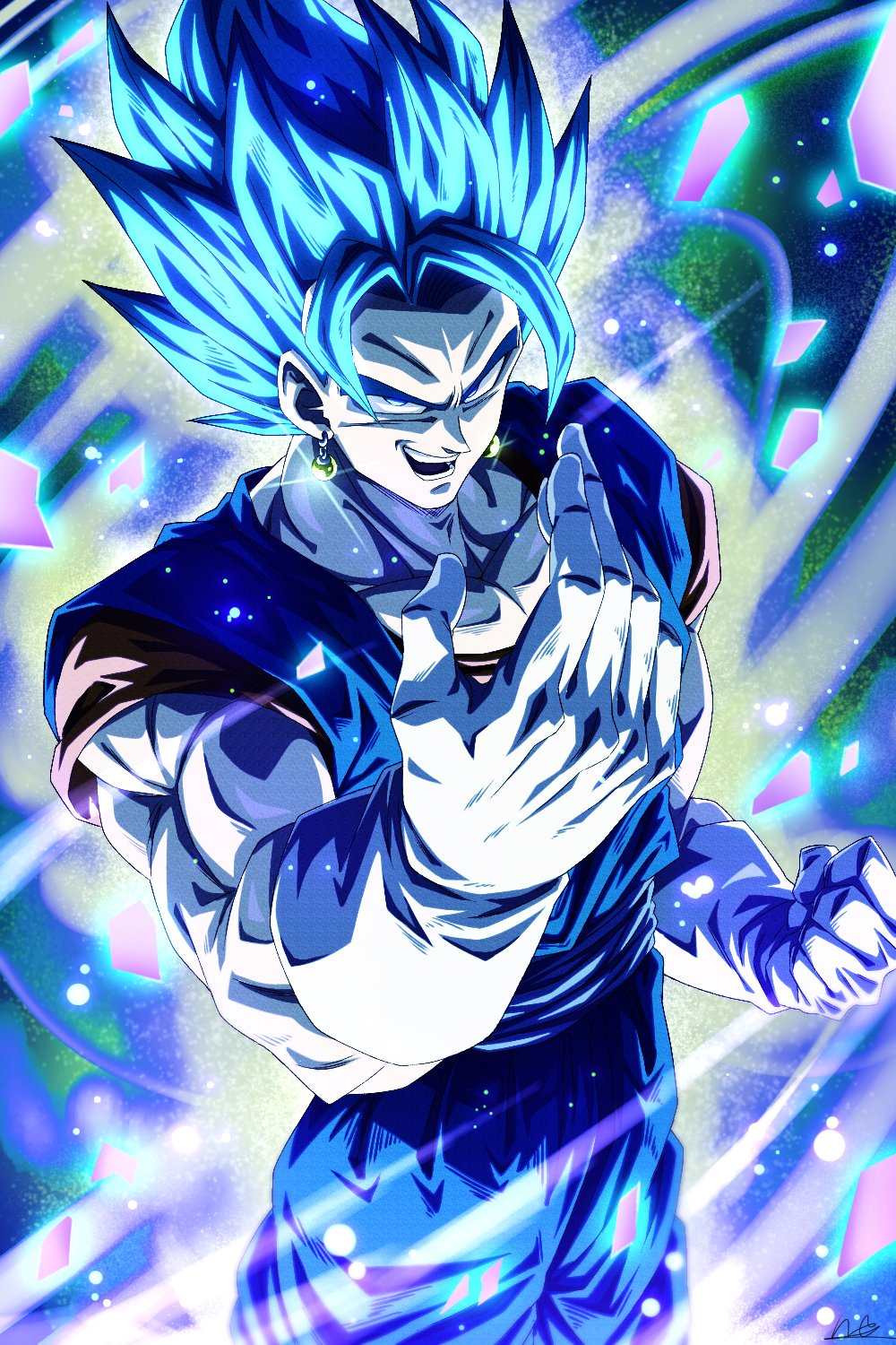 &gt;:) 1boy :d blue_hair clenched_hand commentary_request dragon_ball dragon_ball_super dragon_ball_z earrings gloves highres jewelry muscular open_mouth potara_earrings sekitsuki_hayato signature smile solo spiky_hair super_saiyan super_saiyan_blue teeth v-shaped_eyebrows vegetto white_gloves