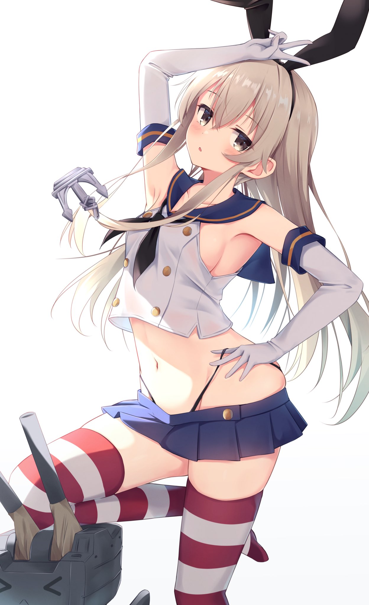 1girl anchor_hair_ornament black_hairband black_neckwear black_panties blonde_hair blue_sailor_collar blue_skirt breasts cowboy_shot crop_top elbow_gloves gloves grey_eyes hair_ornament hairband hand_on_hip highleg highleg_panties highres kantai_collection long_hair microskirt midriff miniskirt miso_(misomiso_154) neckerchief panties pleated_skirt rensouhou-chan sailor_collar shimakaze_(kancolle) simple_background skirt small_breasts solo standing standing_on_one_leg striped striped_legwear thigh-highs underwear white_background white_gloves