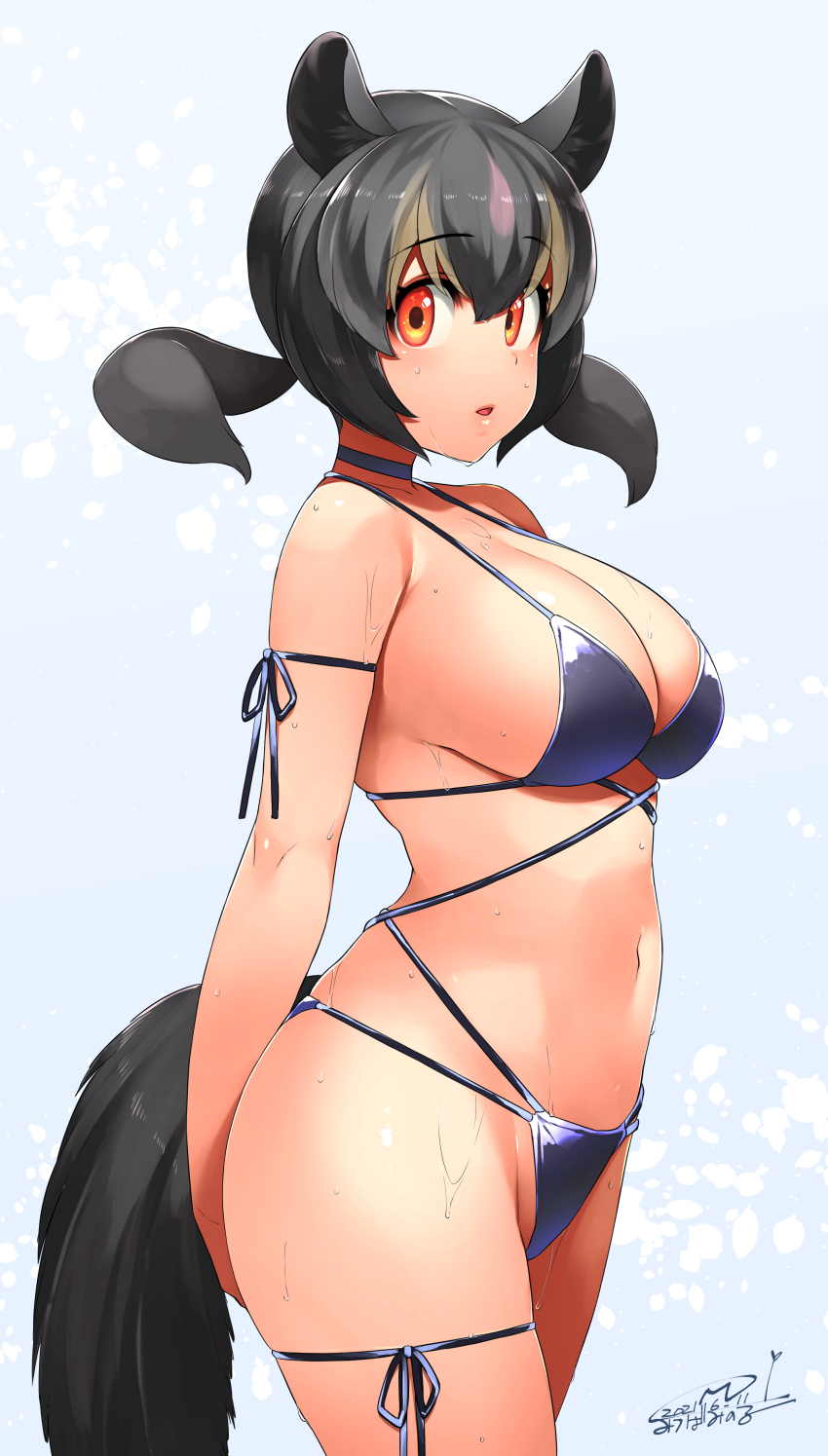 1girl animal_ears aye-aye_(kemono_friends) bangs bare_shoulders bikini black_hair blue_bikini blue_choker breasts choker commentary cowboy_shot eyebrows_visible_through_hair hair_between_eyes happa_(cloverppd) highres kemono_friends large_breasts lemur_ears lemur_tail looking_at_viewer low_twintails multicolored_hair navel orange_eyes parted_lips signature simple_background solo stomach sweat swimsuit tail twintails white_background