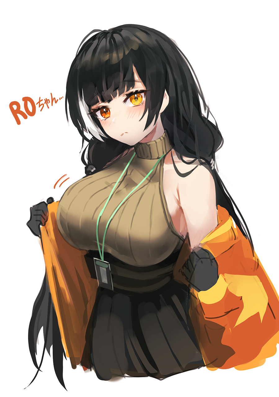 1girl bangs bare_shoulders black_hair breasts closed_mouth dano girls_frontline heterochromia highres id_card jacket large_breasts long_hair looking_at_viewer multicolored_hair red_eyes ro635_(girls_frontline) simple_background skirt sleeveless_sweater solo streaked_hair white_background white_hair yellow_eyes yellow_jacket